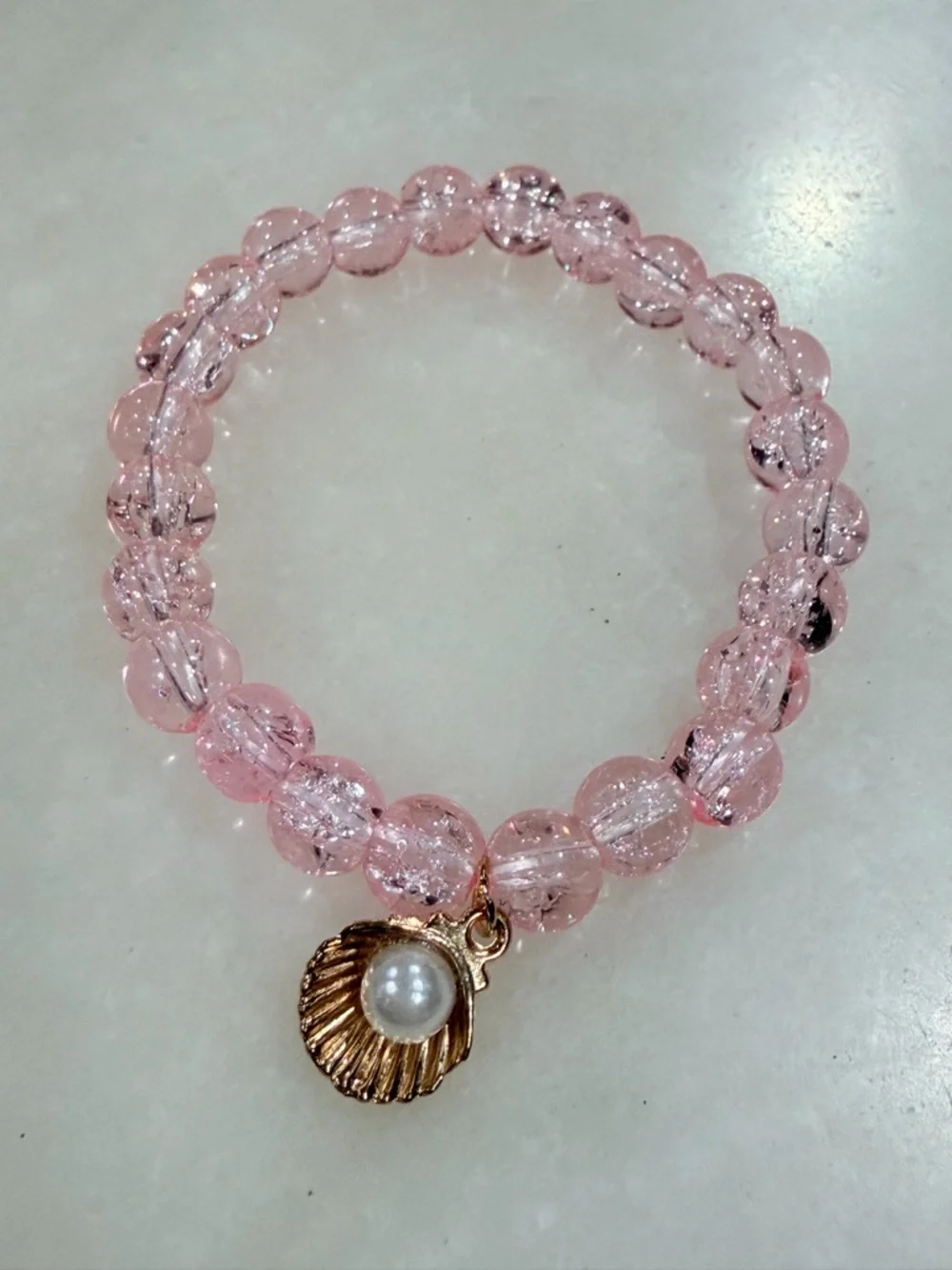 Gold Shell & Pearl Charm Pink Beaded Stretch Bracelet